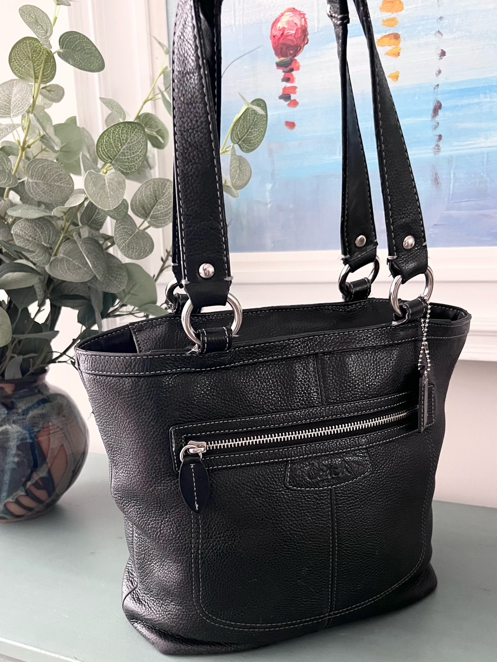 Coach Penelope Black Pebbled Leather Shoulder Tote Bag